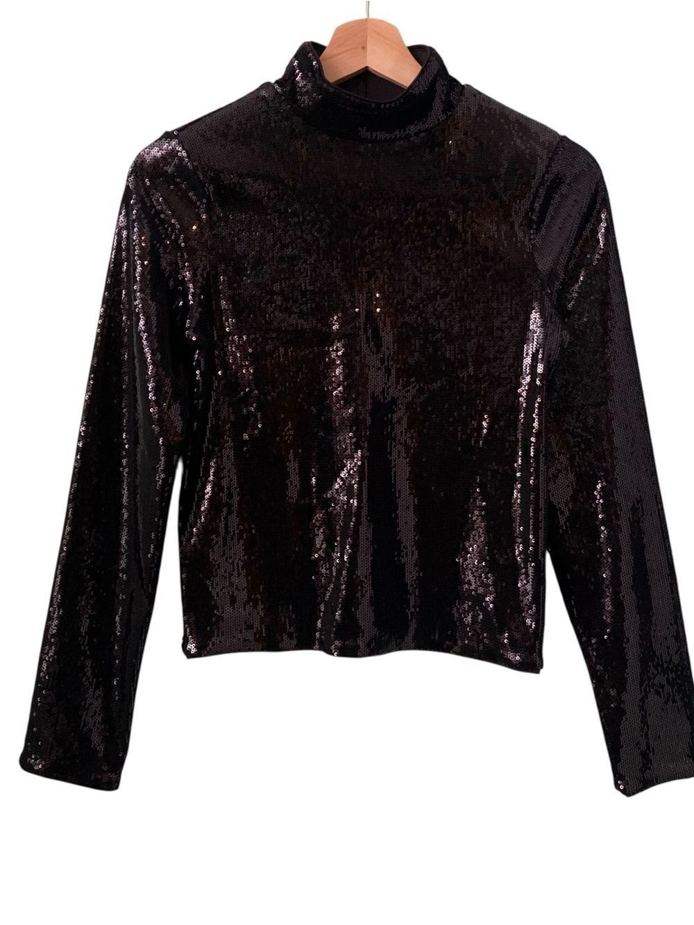 NWT Express Sequined Body Contour Collection Long-Sleeve Mock Neck Top Black S